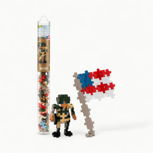 Plus-Plus Military Tube 70-piece building set in red, white, blue, tan, forest green, black, gray, brown, camel, and peach