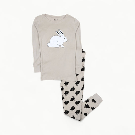 Leveret Kids Two Piece Cotton Pajamas in Bunny Rabbit Grey with ribbed cuffs