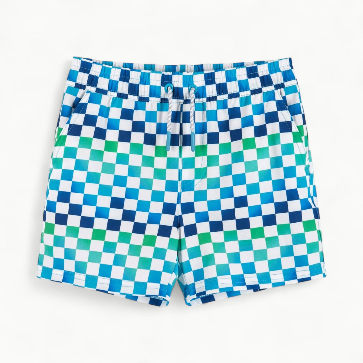A pair of checkered swim trunks, with a  blue ombre changing into a cool, green color. 