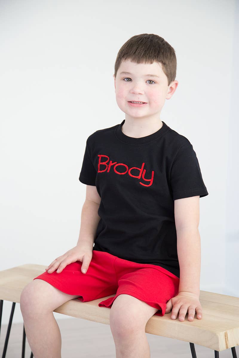 Boys short sleeve tee in black, 100% cotton with double-stitched edges