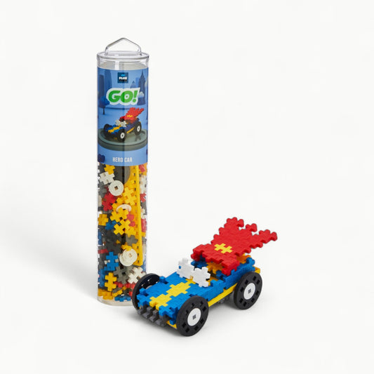 Plus-Plus Hero Color Cars 200-piece tube with assorted color pieces, wheels, and baseplate