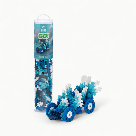 Plus-Plus Water Color Cars 200-piece building set in blue tones with chassis baseplate and wheels