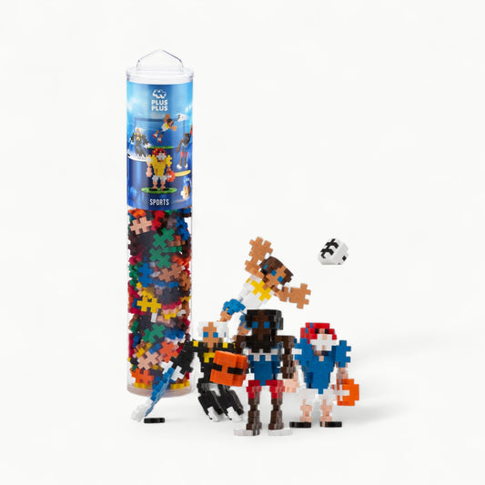 Plus-Plus 240-piece Sports tube with colorful construction pieces and travel-friendly reusable container