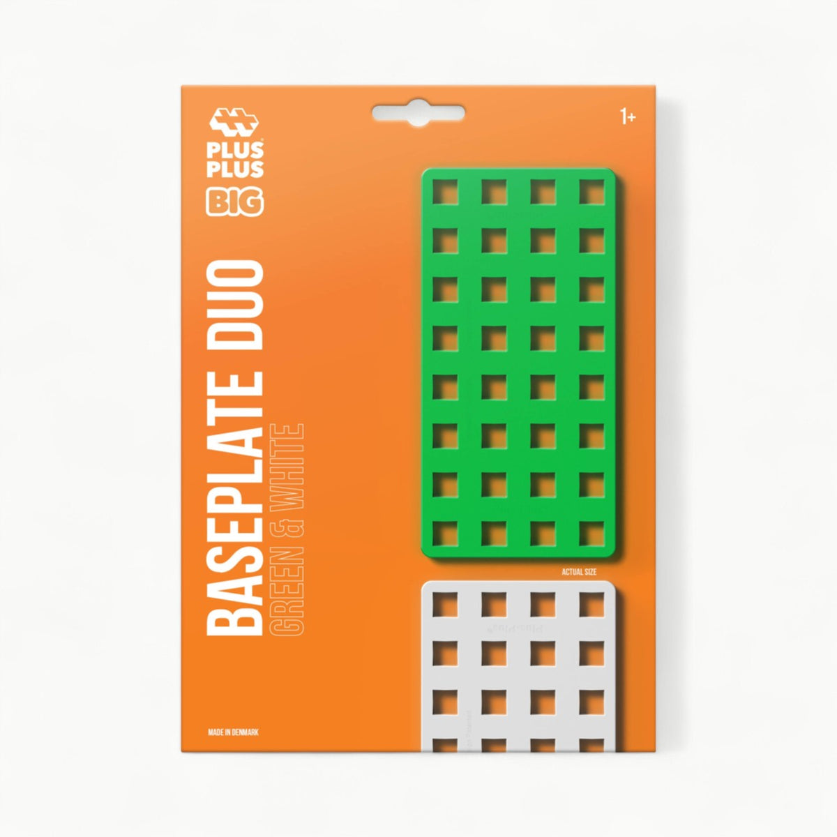 Two Plus-Plus BIG baseplates in green and white, ready for construction and creative building