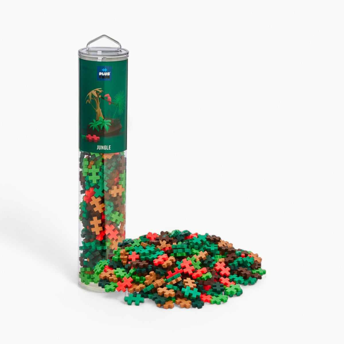 Plus-Plus Jungle Mix 240-piece tube with six colors: brown, greens, camel, and coral.