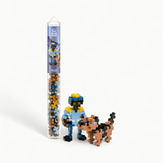 Plus-Plus Police tube with 70 colorful interlocking pieces in organized container