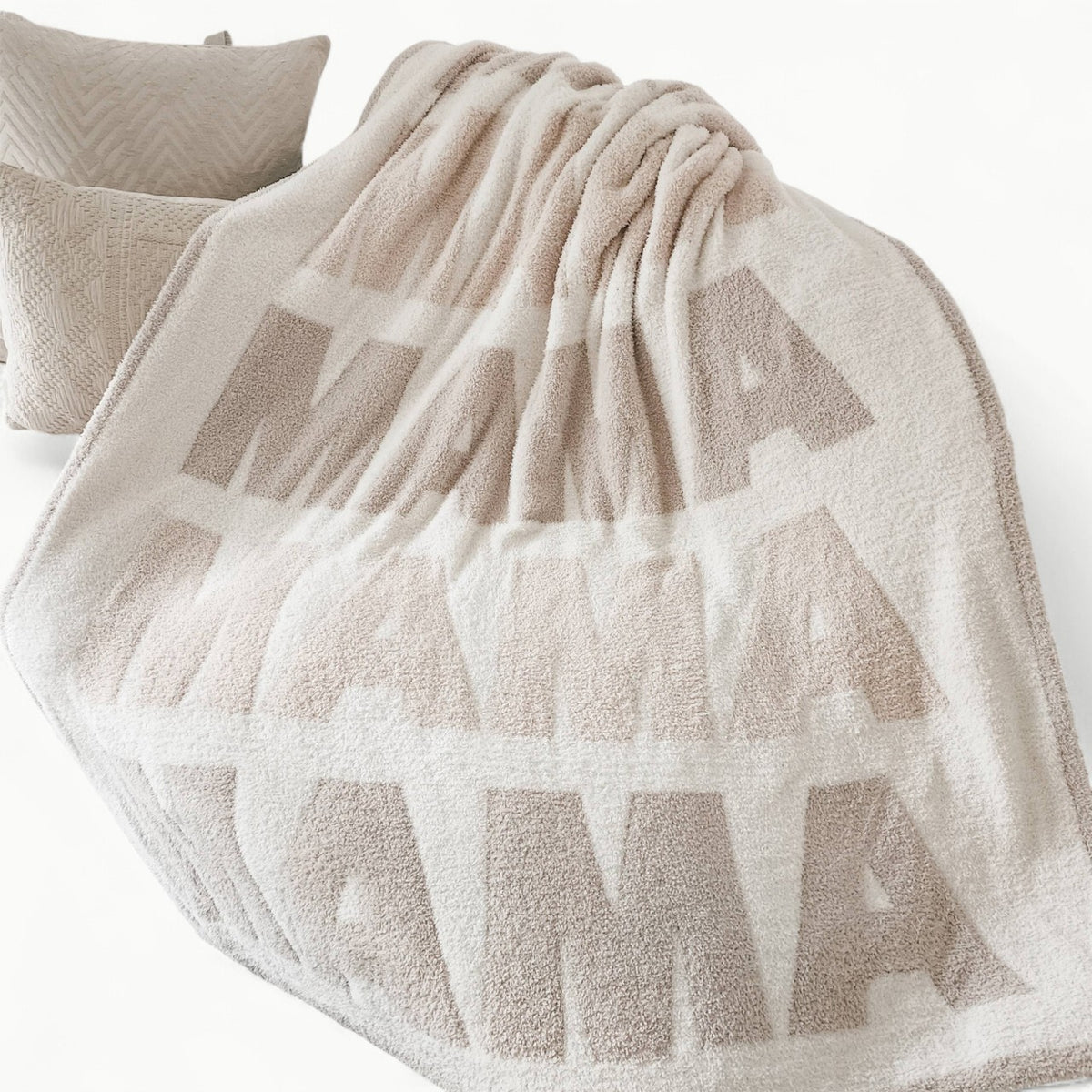 LĒ·LĀ·LŌ Mama Throw Blanket, 50×60 inch chenille in ivory, sand, and taupe