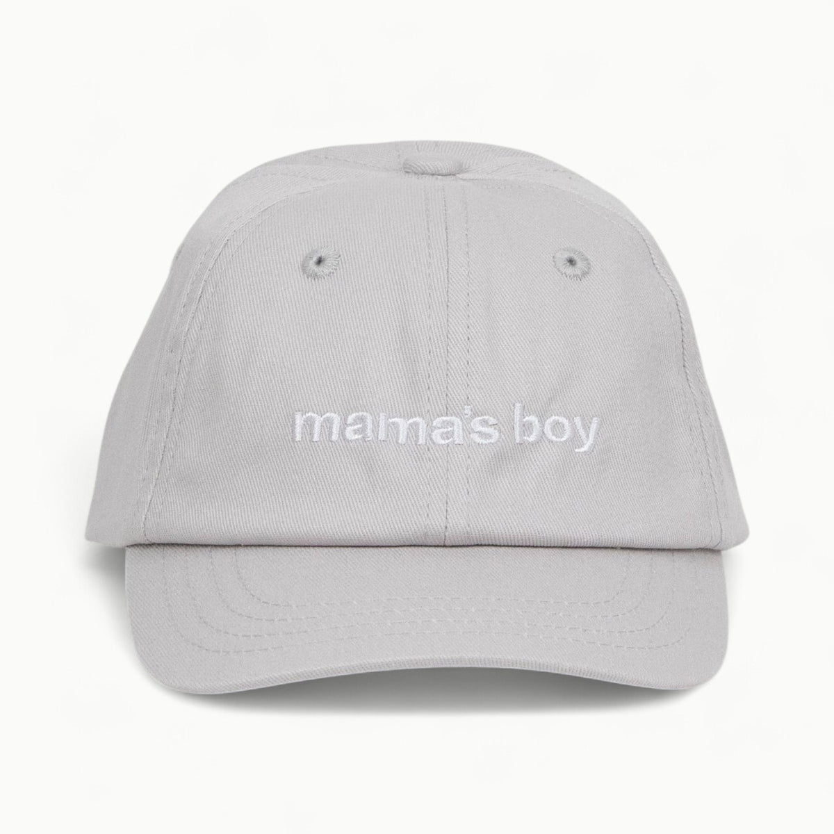 Light gray baseball dad cap with embroidered Mama's Boy detail, infant and toddler size