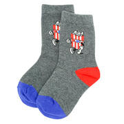 Heather grey socks with red and blue Cinerama popcorn logo design by Miki Miette