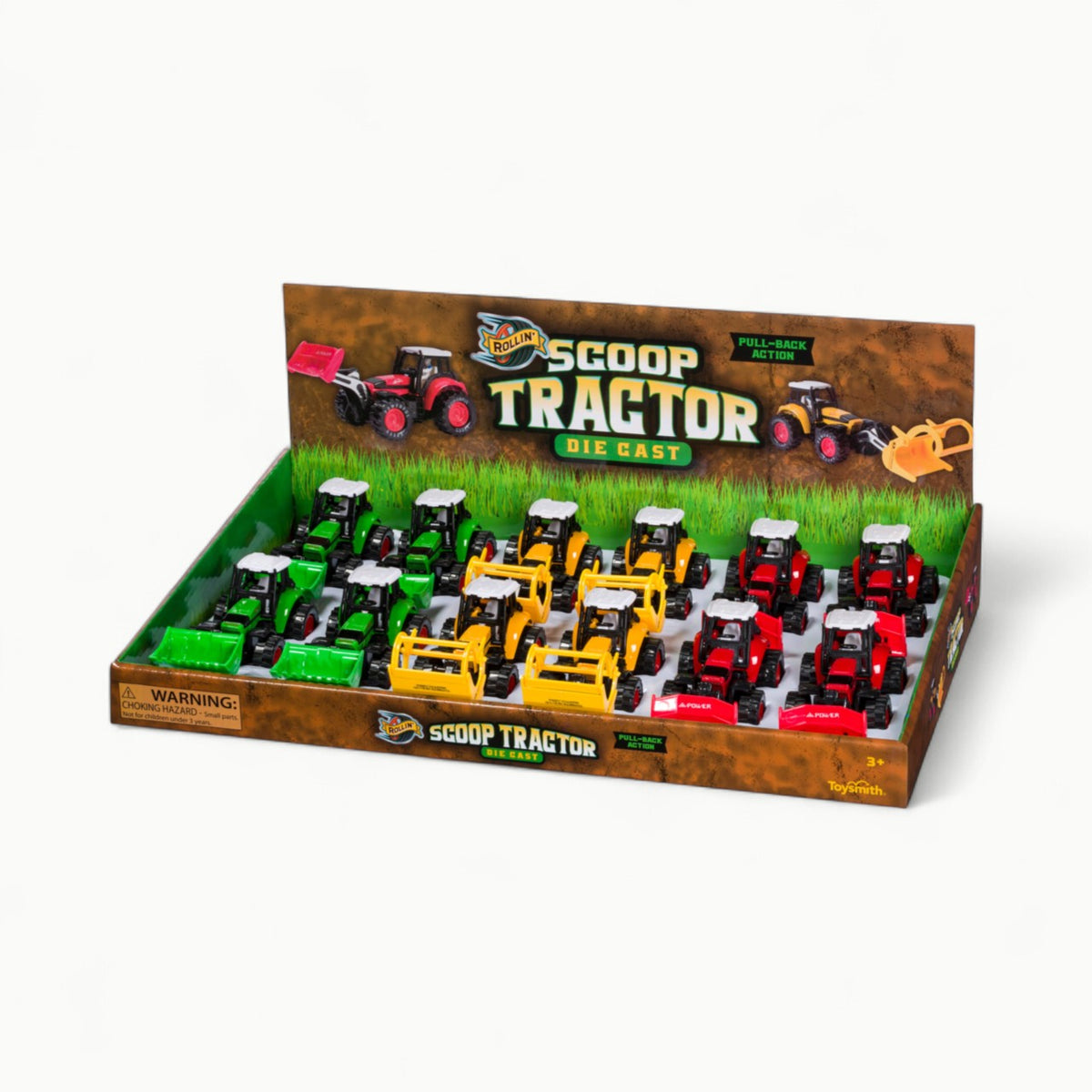 Toysmith die-cast metal tractors with pull-back motion in red, yellow, and green
