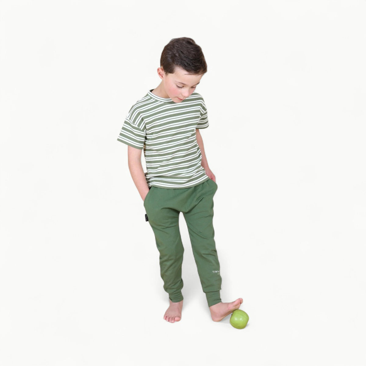 Forest stripe cotton waffle drop shoulder tee with crew neck by Tiny Tribe