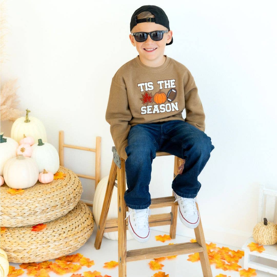 Mocha crewneck sweatshirt with multicolor chenille pumpkin patch detail and brown felt outline