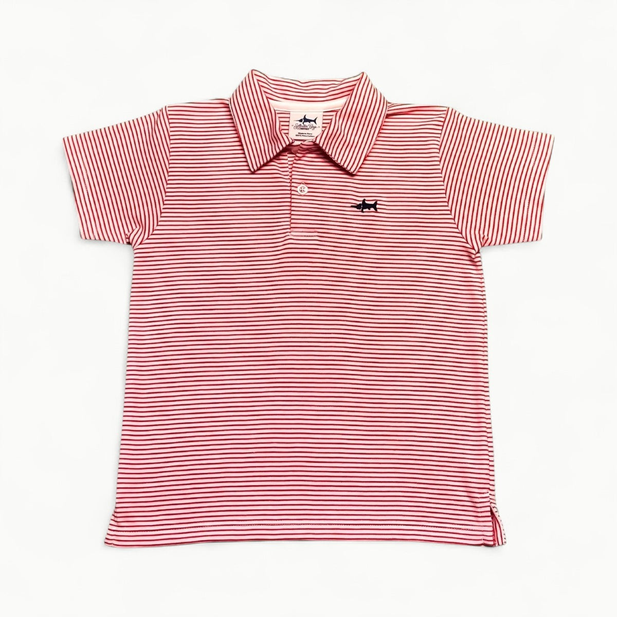 Red and white striped Saltwater Boys Signature Polo with navy embroidered marlin detail