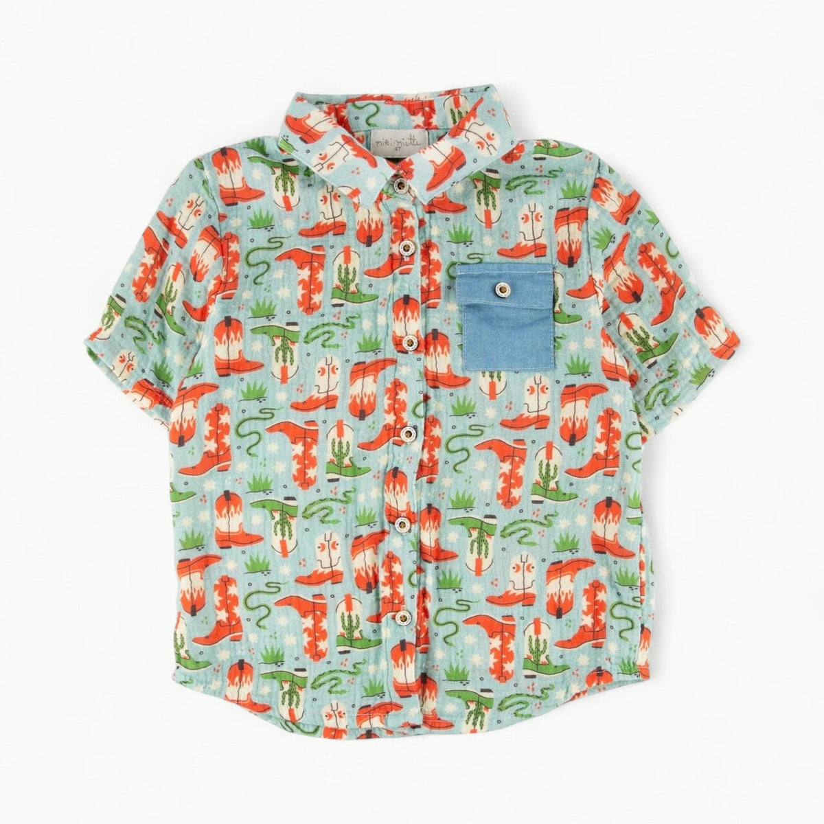 Miki Miette Jerry Printed Button Up shirt in Howdy print, front view