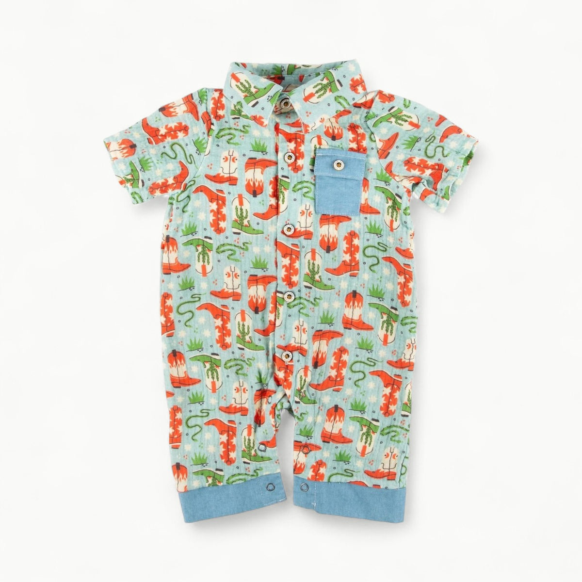 Thomas Romper in 100% cotton gauze with shirt collar and contrast pocket details by Miki Miette