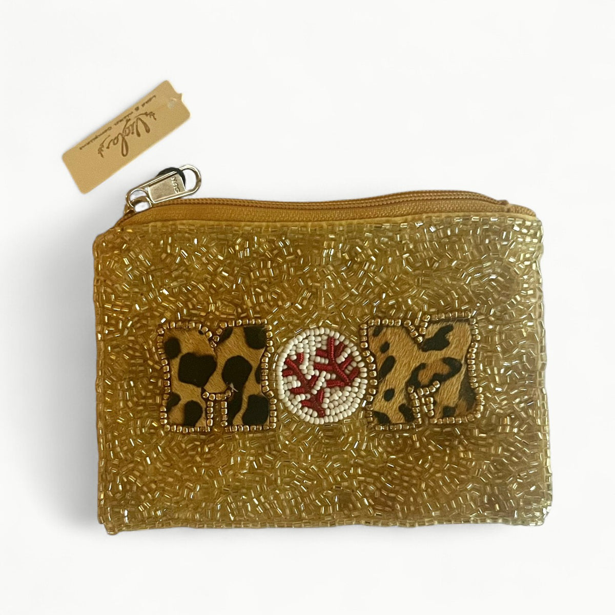 Viola beaded coin purse with mother and baseball motif, heirloom-quality craftsmanship