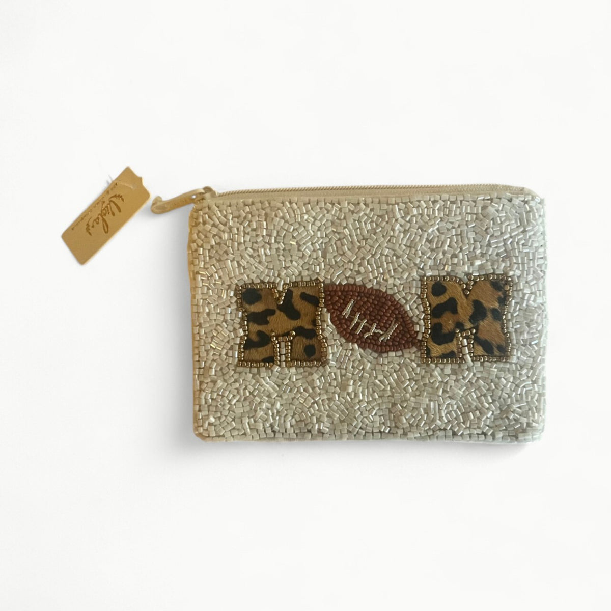 Beaded coin purse by Viola with Mom and football design, refined children's accessory