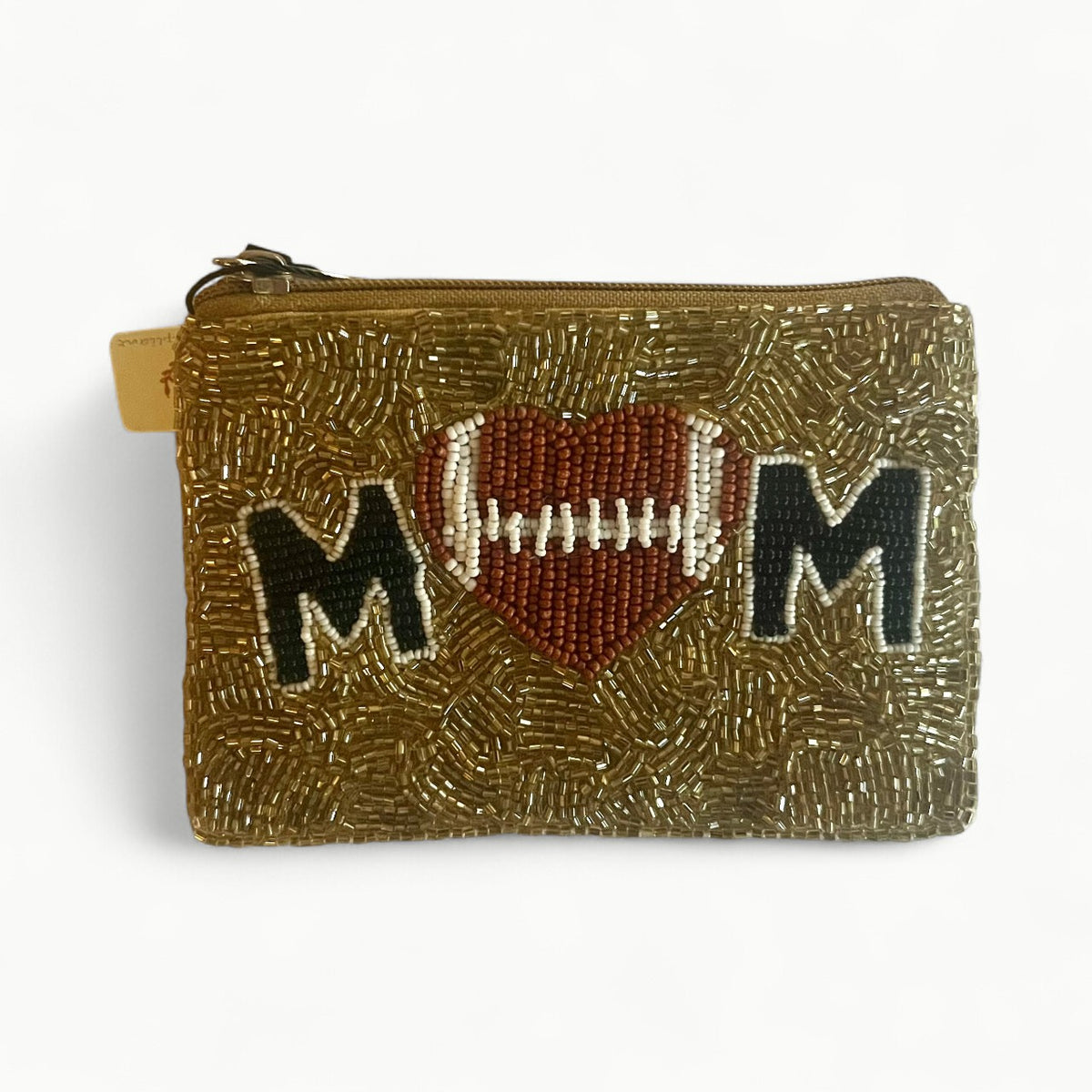 Gold beaded coin purse with heart football design, charming accessory for children