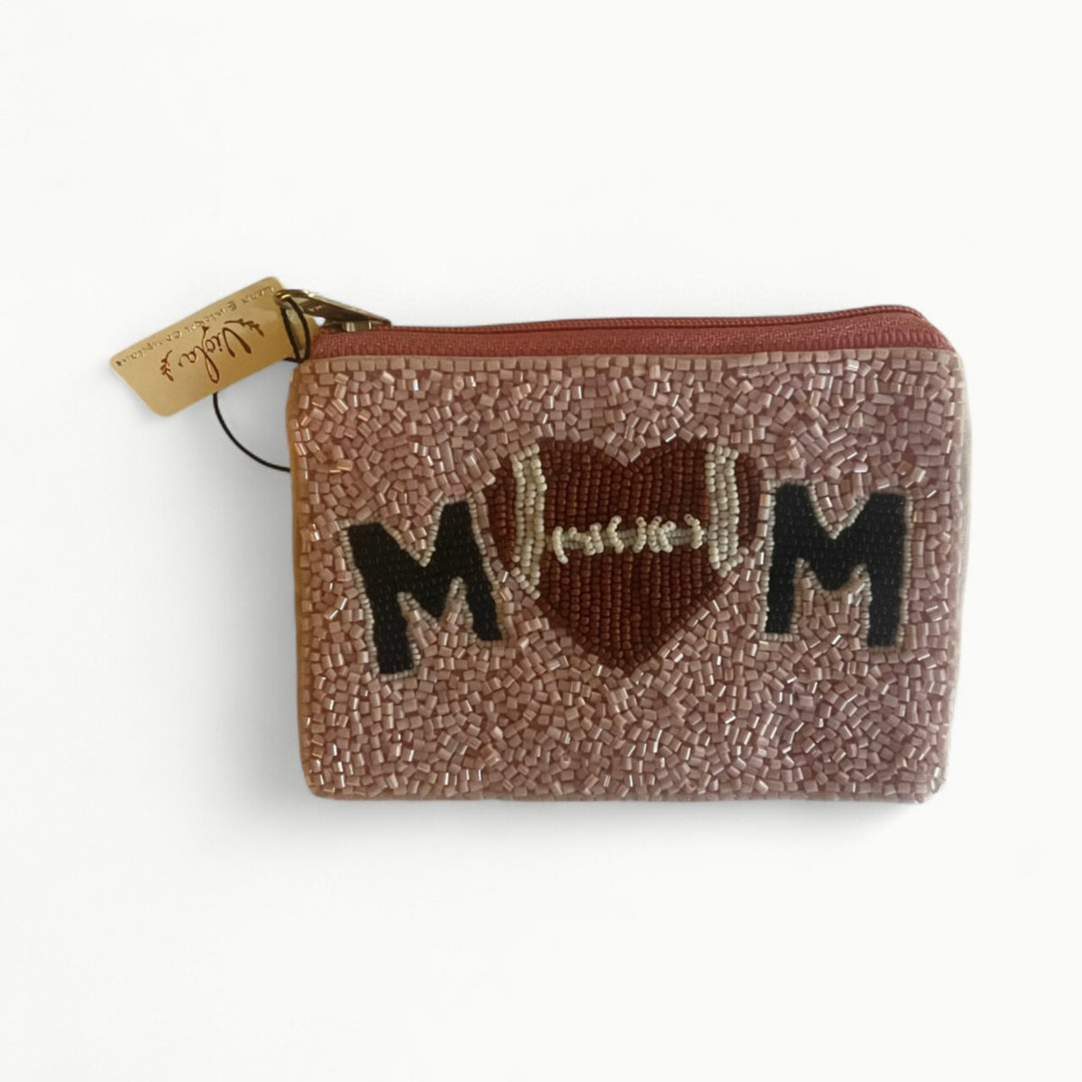 Viola beaded coin purse in pink with heart and football design, featuring delicate beadwork