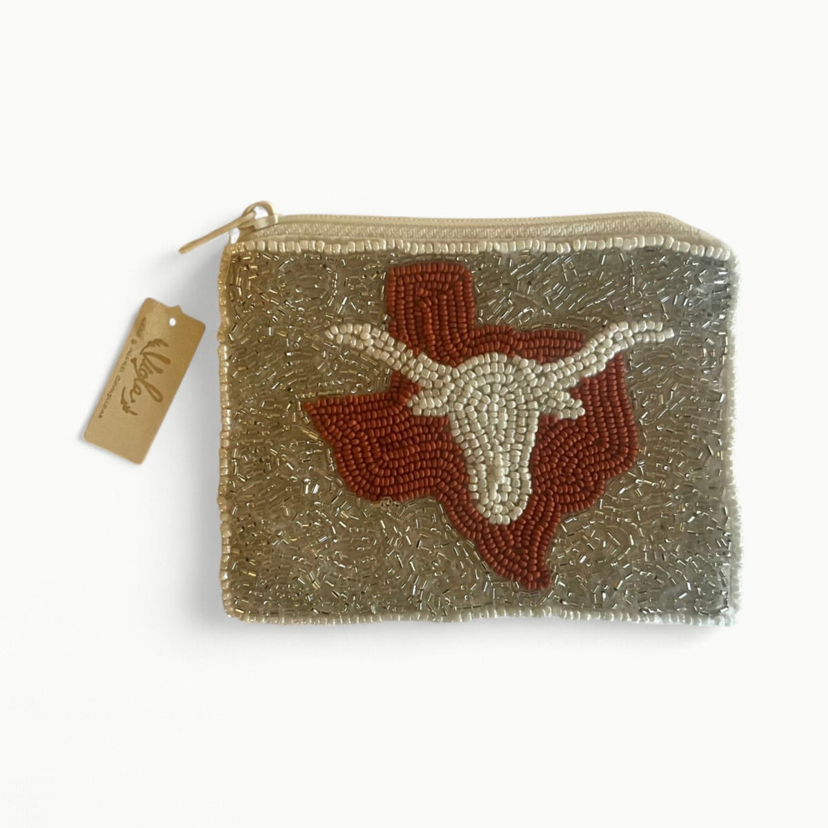 Viola beaded coin purse with intricate longhorn and Texas landscape beadwork