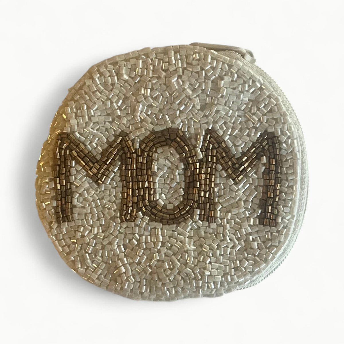 Viola beaded round coin purse with delicate beadwork in warm, neutral tones