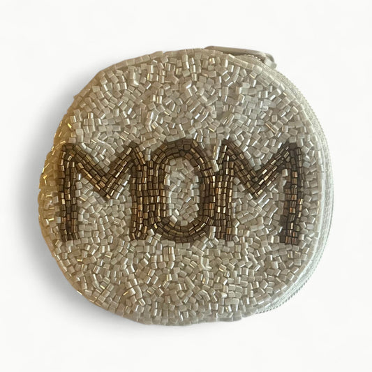 Viola beaded round coin purse with delicate beadwork in warm, neutral tones