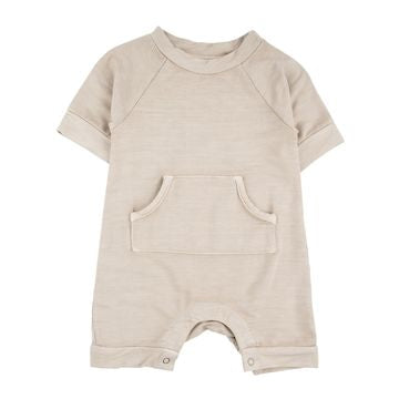 SS Henry Romper by Miki Miette in soft Mushroom cotton with practical snaps