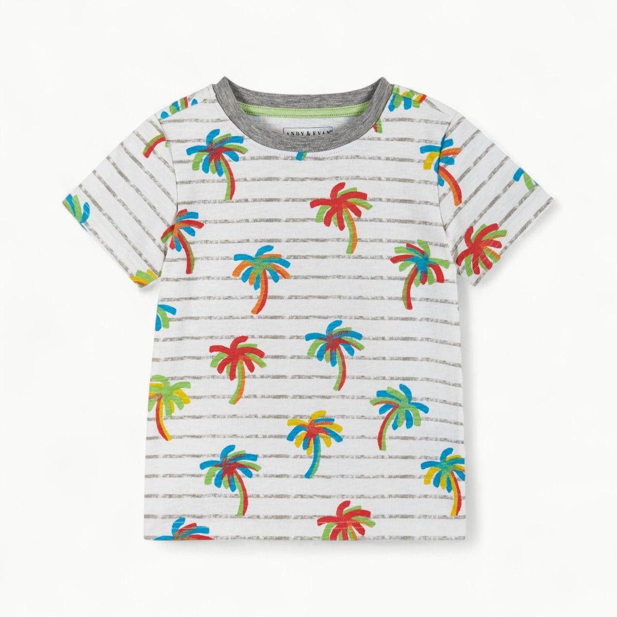A white cotton crewneck shirt featuring light grey horizontal stripes and a Cheerful Multicolored Tropical Palm Tree Print