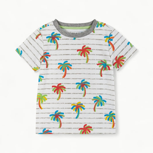 A white cotton crewneck shirt featuring light grey horizontal stripes and a Cheerful Multicolored Tropical Palm Tree Print