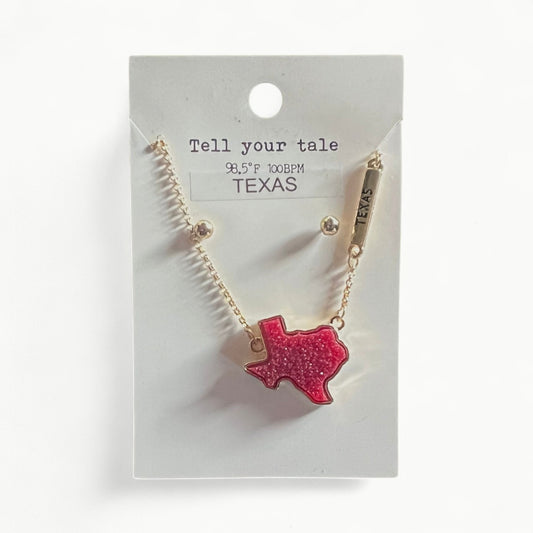 Tell Your Tale burgundy Texas necklace with charm and small stud earrings set