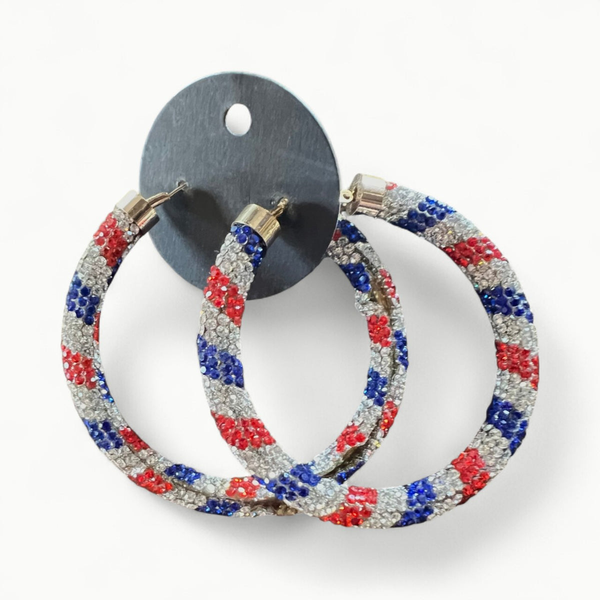 Bach Patriotic Crystal Hoops by Viola in red, silver, and blue, approximately 2.5 inches long