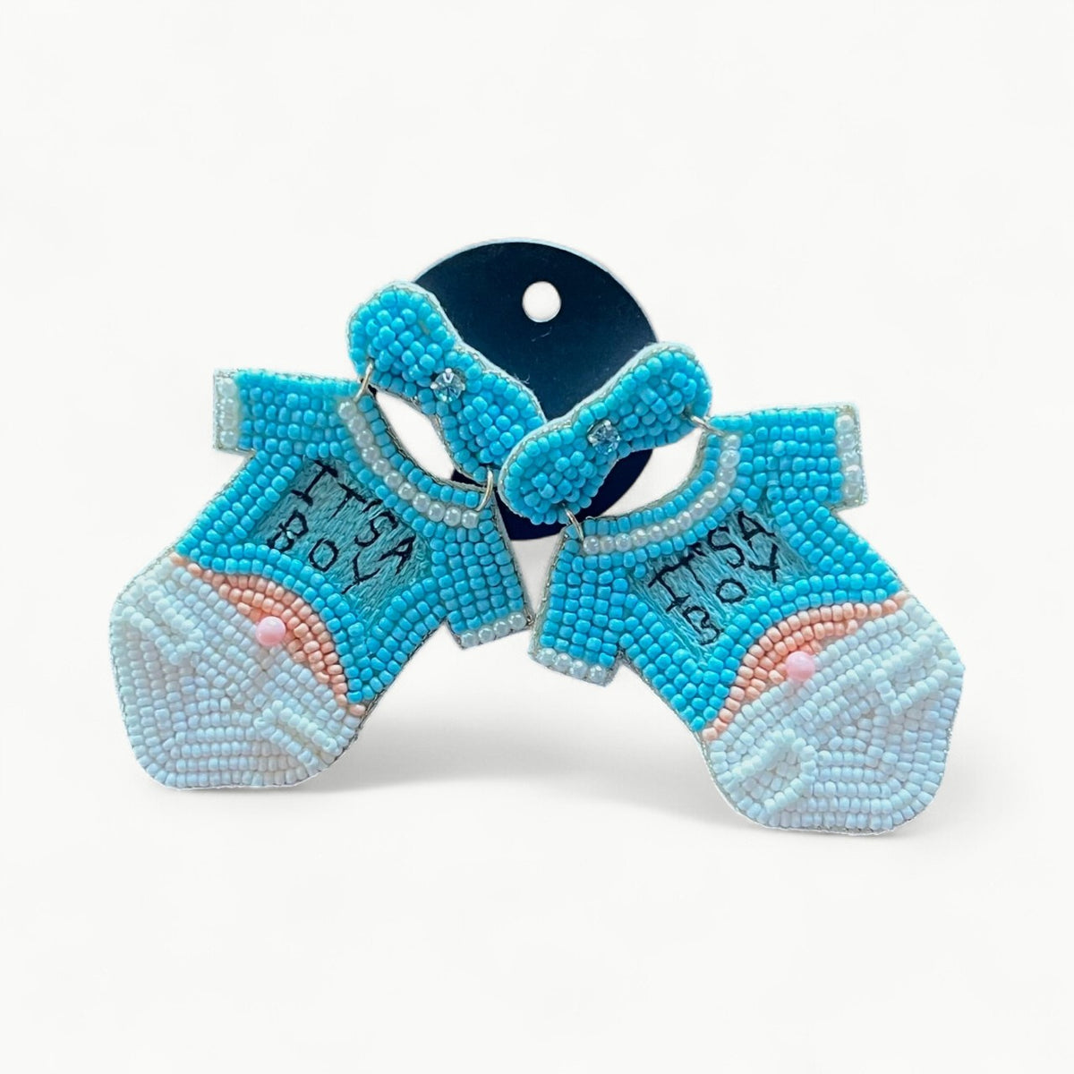 Viola post earrings with beaded It's a Boy onesie dangle in refined gold tone