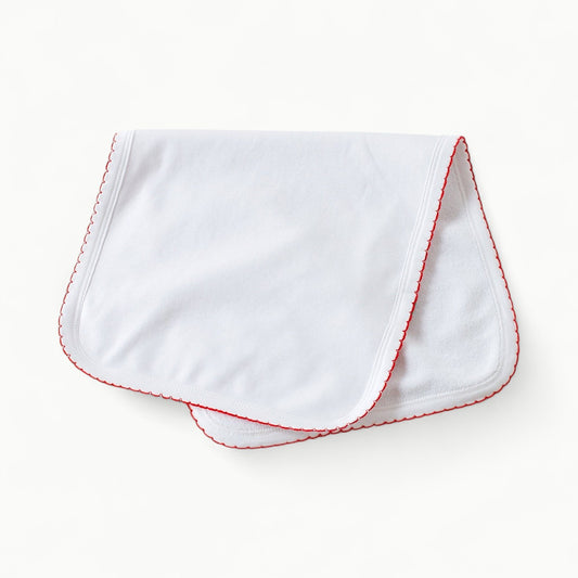 White burp cloth with red trim, monogram option, Take Me Home collection by Nola Tawk