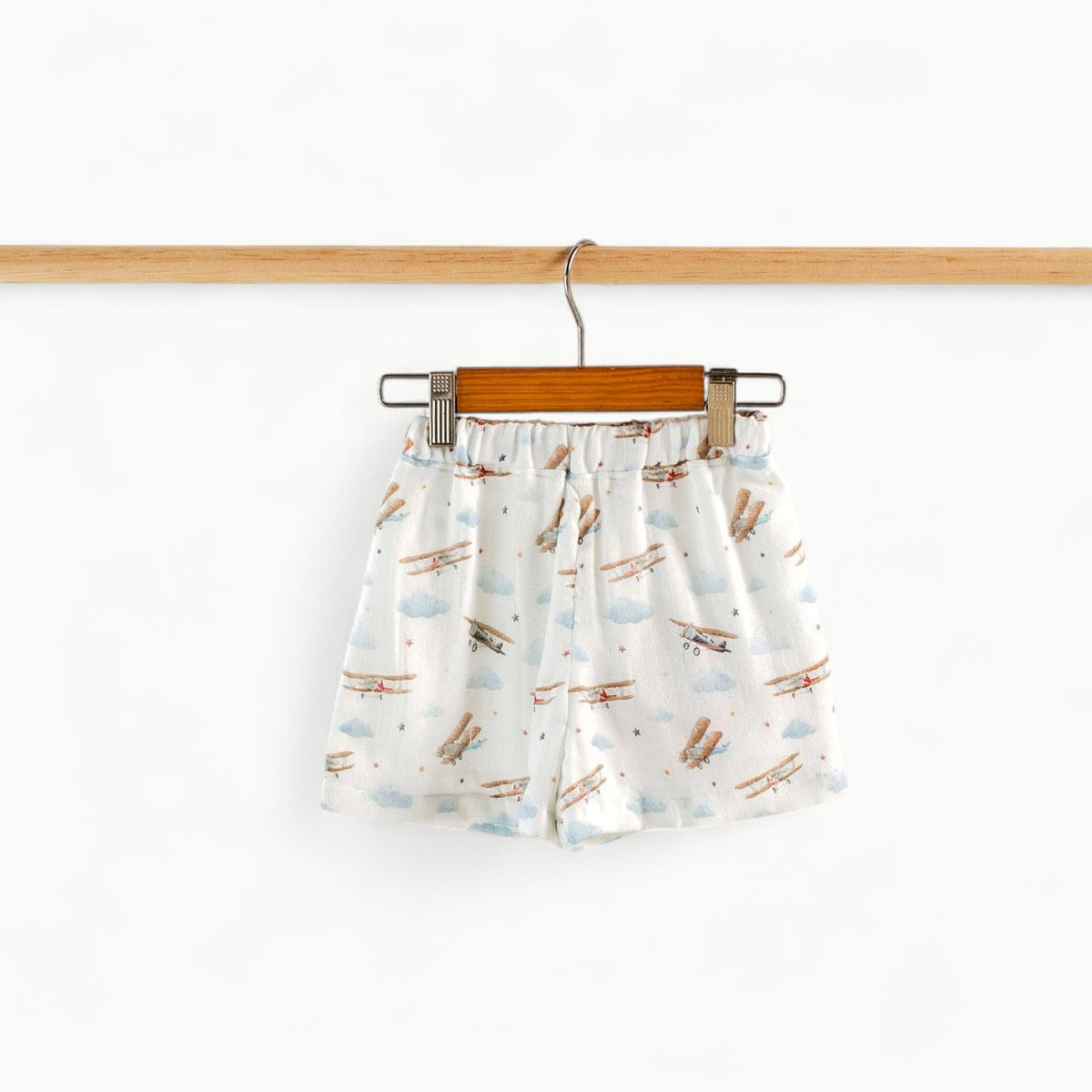 Just Plane Awesome Organic Muslin Shorts in natural tone, displayed flat lay