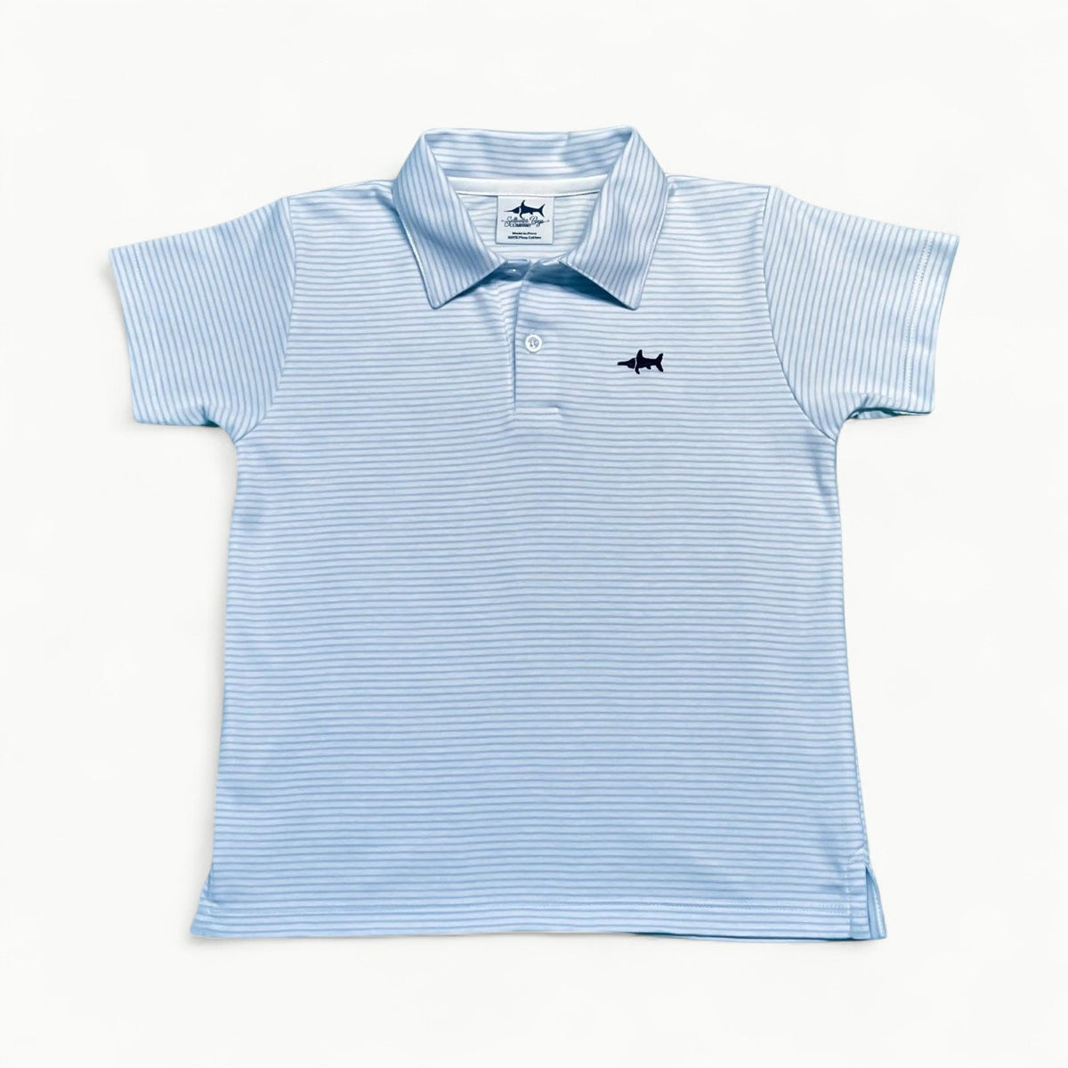 Blue striped pima cotton polo with navy embroidered marlin on chest