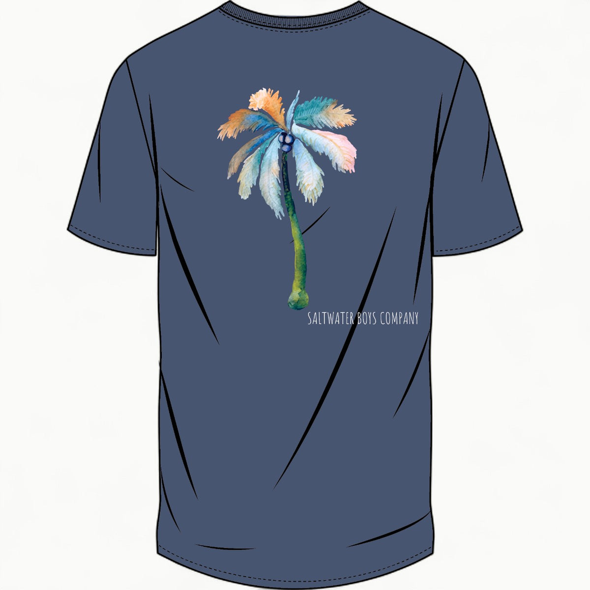 Navy short-sleeve boys graphic tee with palm detail and front pocket, Saltwater Boys