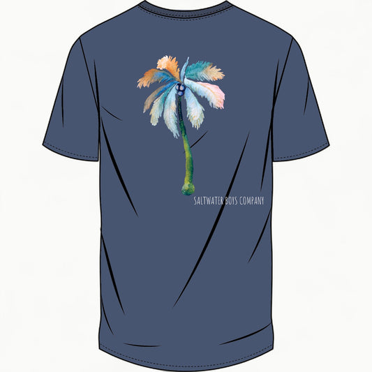 Navy short-sleeve boys graphic tee with palm detail and front pocket, Saltwater Boys