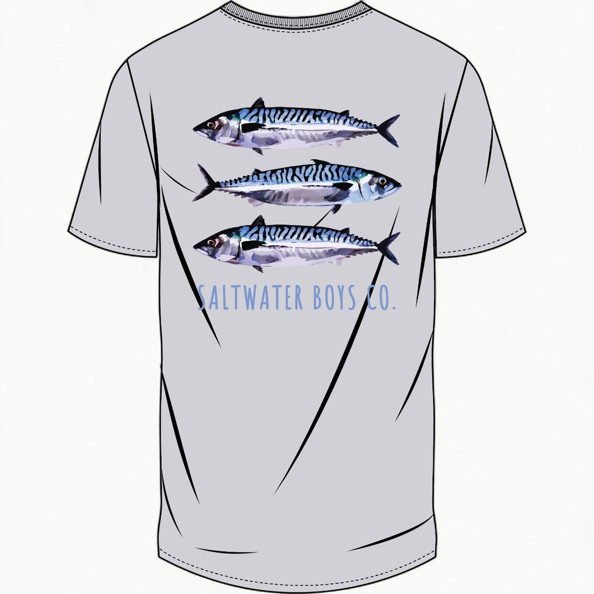 Spanish Mackerel short-sleeve graphic tee in grey with signature pocket detail, Saltwater Boys