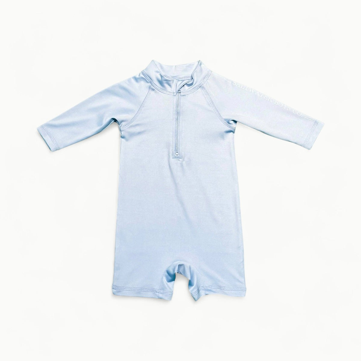 Light blue Tybee Rashguard Baby Romper with zip neck by Saltwater Boys