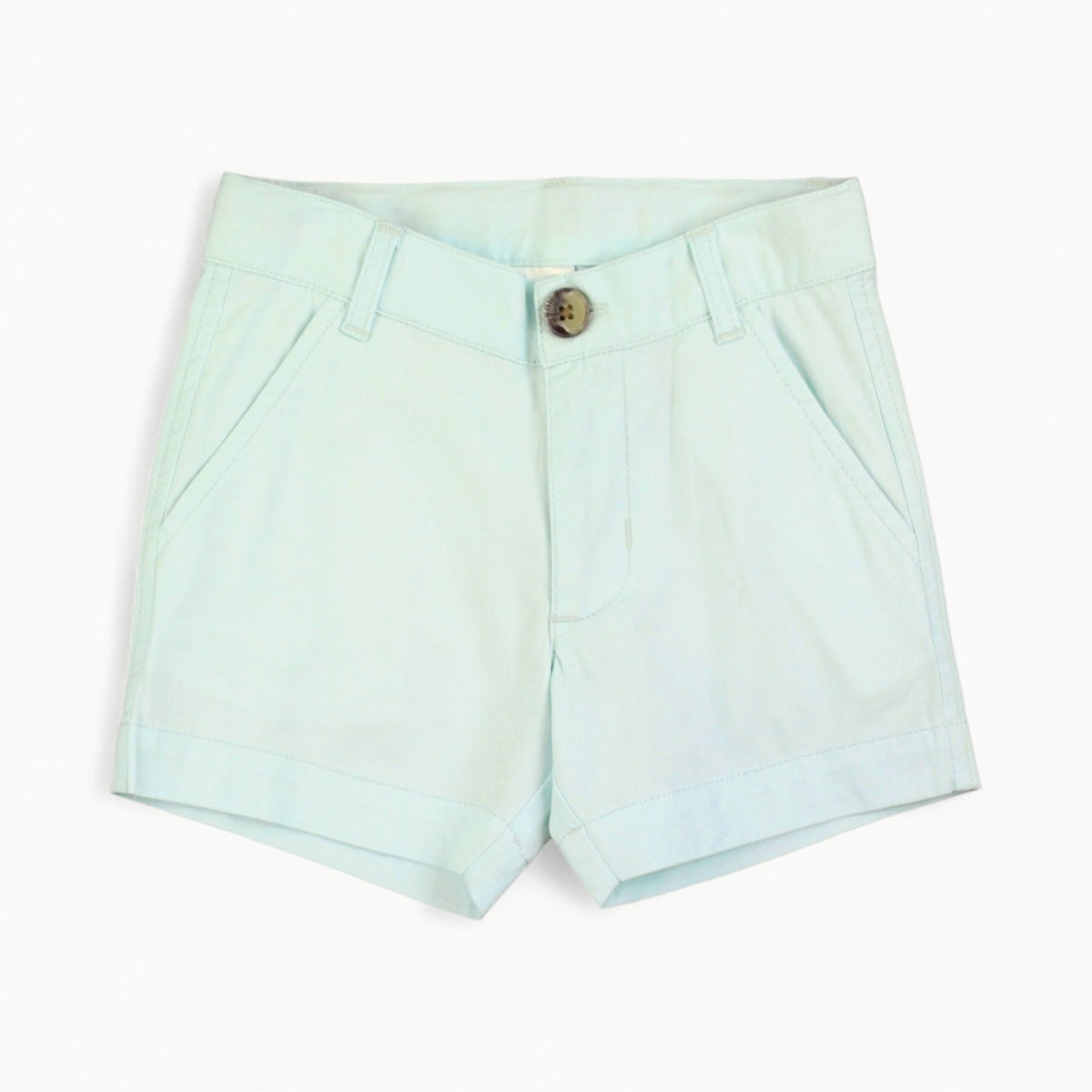 Mint stretch chino shorts with adjustable elastic waistband and metal clasp closure