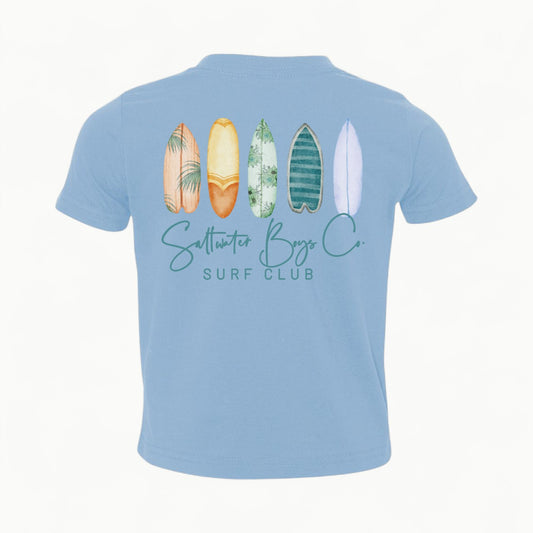 Saltwater Boys Surf Club graphic tee featuring signature pocket logo and back graphic design