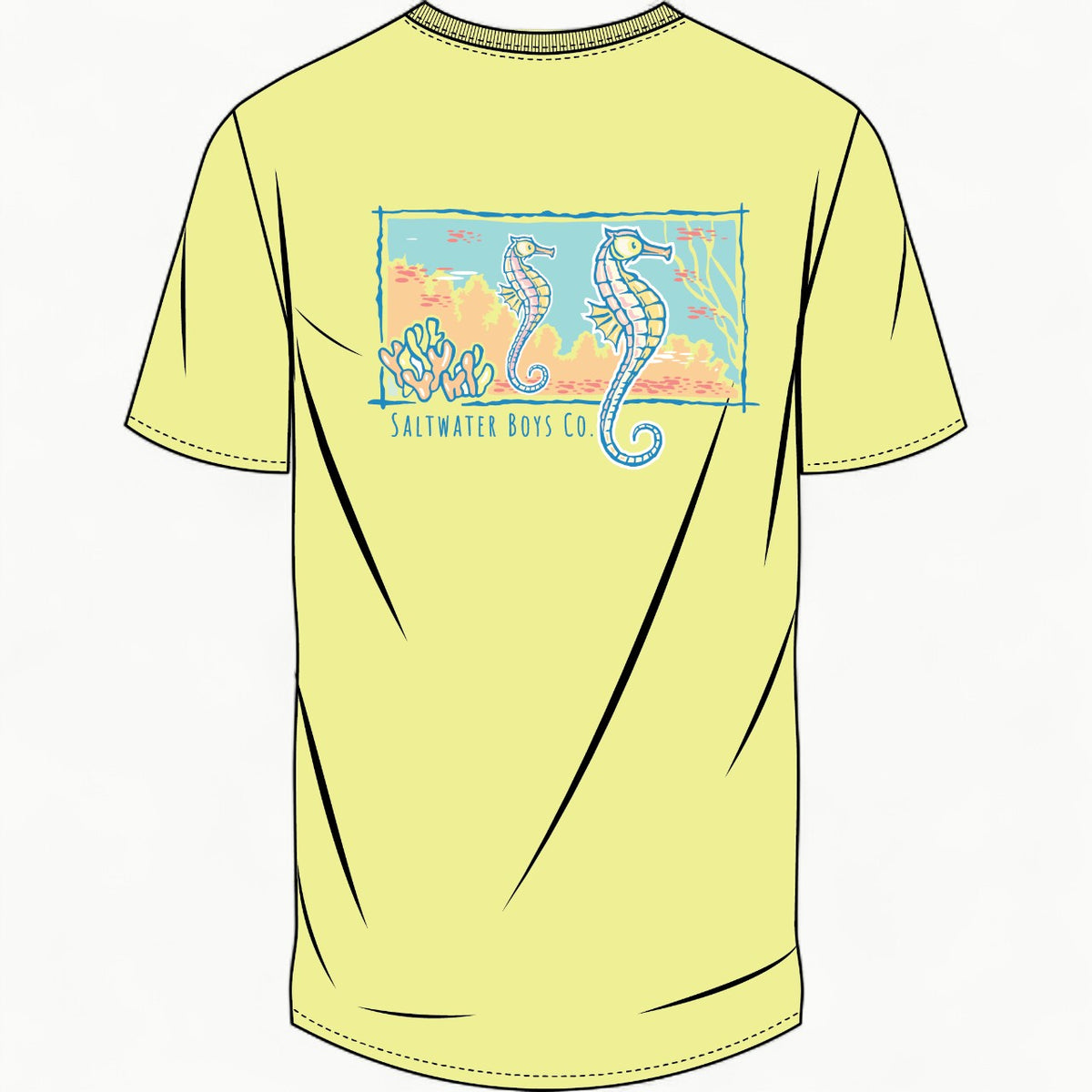 Saltwater Boys seahorse graphic pocket tee in yellow, 100% Peruvian cotton