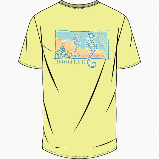 Saltwater Boys seahorse graphic pocket tee in yellow, 100% Peruvian cotton