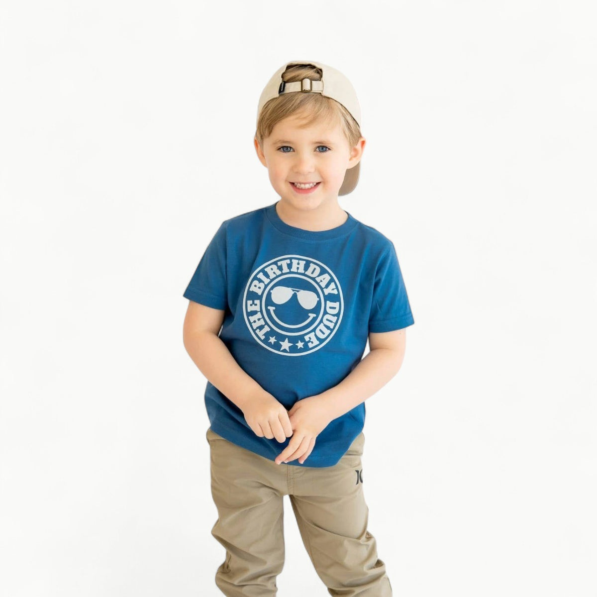 Indigo short sleeve cotton t-shirt with white graphic by Sweet Wink, tagless toddler fit