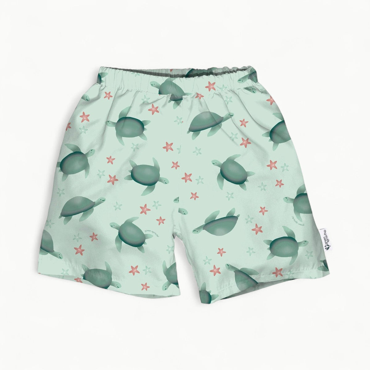 Light sage turtle eco swim trunks with built-in diaper by Green Sprouts, UPF 50+ protection