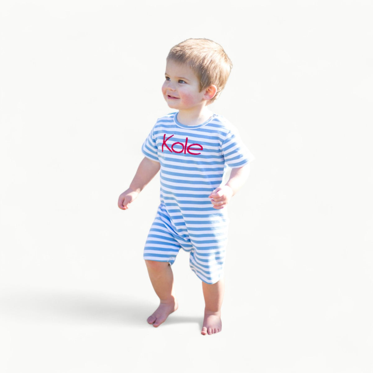 Blue and white short sleeve knit romper with snap closures, Love That Cotton
