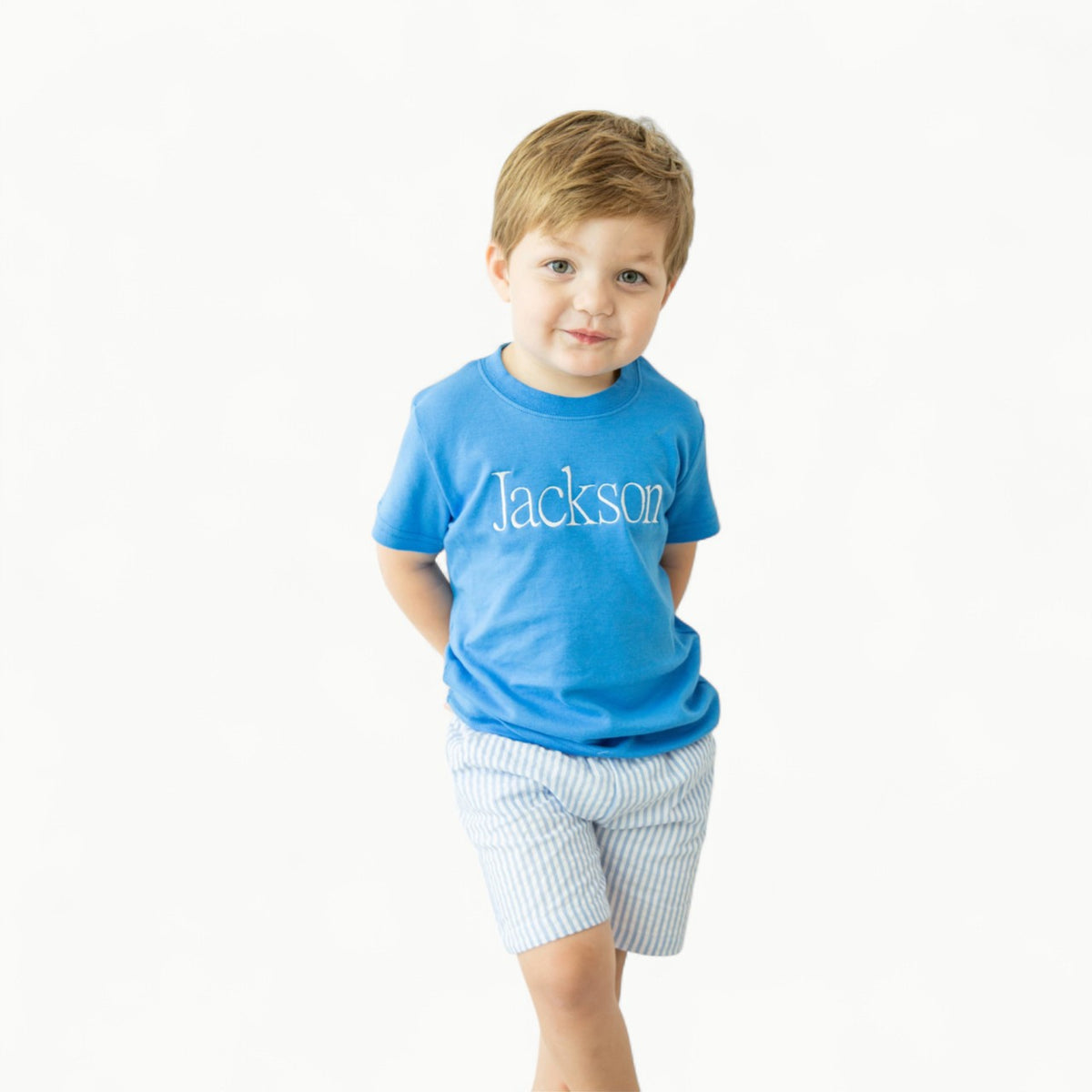 Boys short sleeve tee in cobalt blue, 100% cotton, double-stitched construction