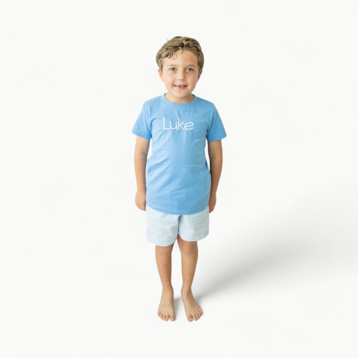 Love That Cotton boys short sleeve tee in sky blue, 100% cotton with double-stitched edges