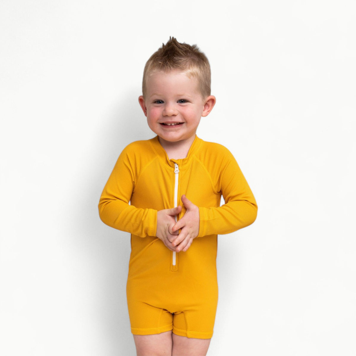 Yellow ribbed zip up rashguard with full front zipper and fully lined construction, UPF 50+ protection