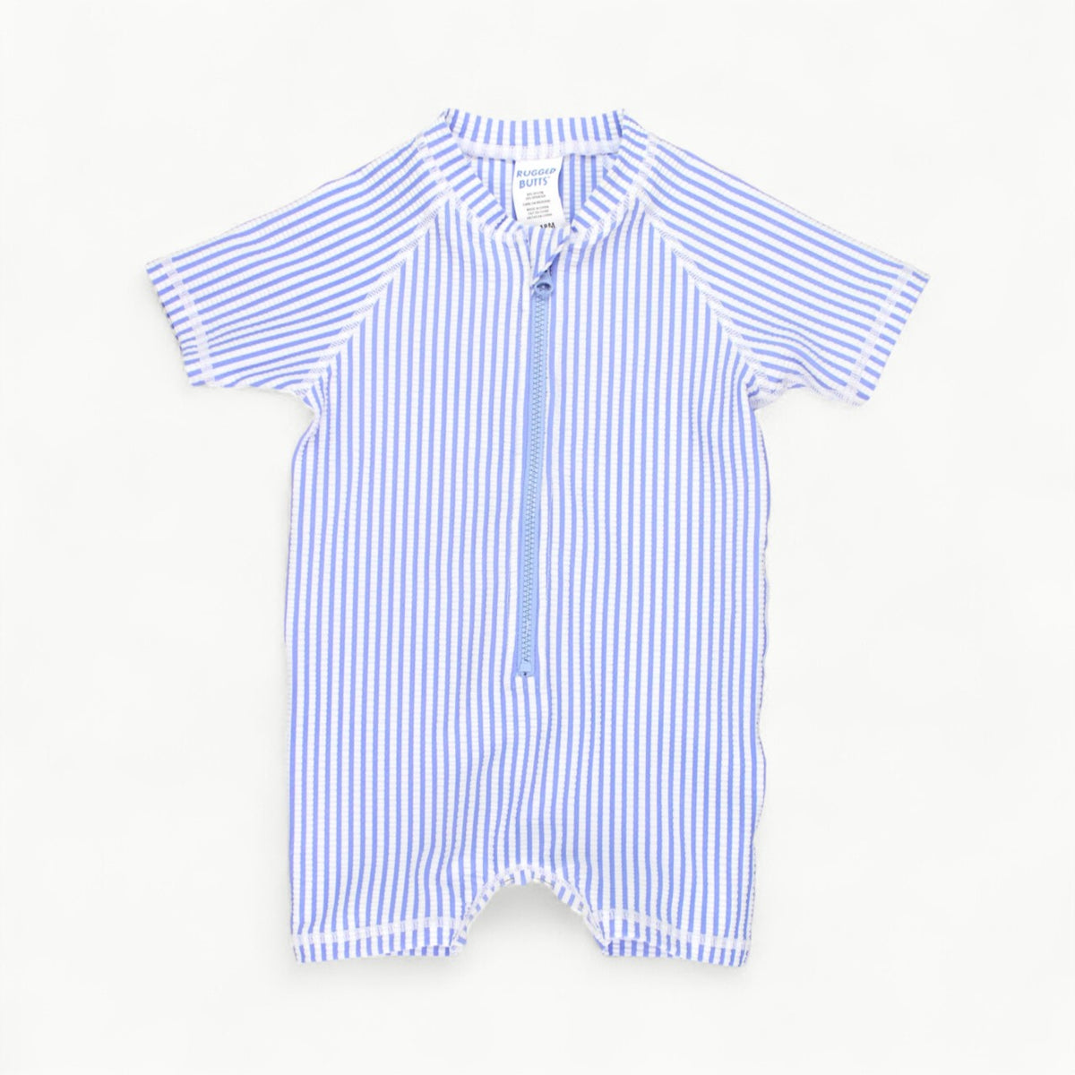 Periwinkle blue seersucker short-sleeve one-piece rash guard with UPF 50+ protection for infant and toddler boys